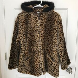 Christmas Young Gallery Faux Fur Hooded Holiday Leopard Jacket Coat Size M